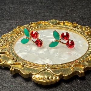 Vibrant Red Cherry Stud Earrings with Green Leaves